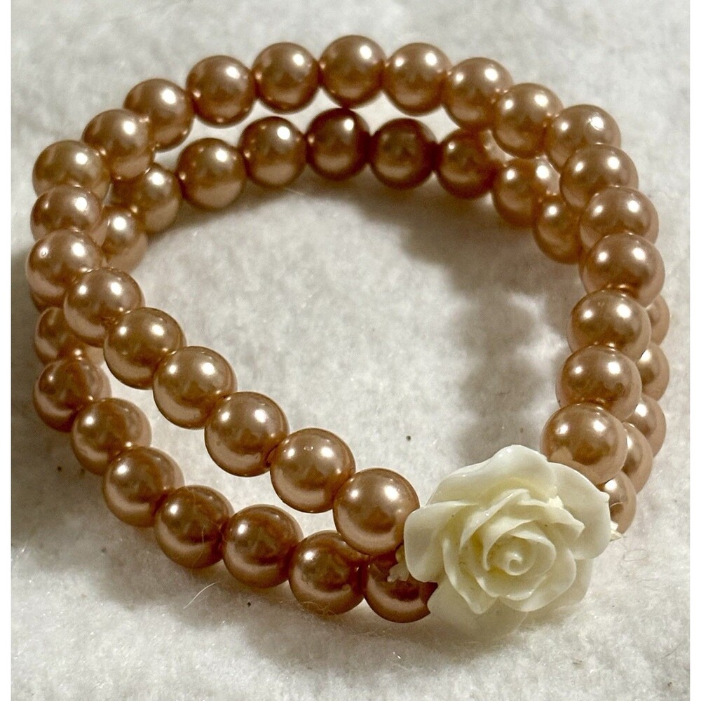Faux Pearl Double Strand Stretch Bracelet White Rose Champagne Beads Floral